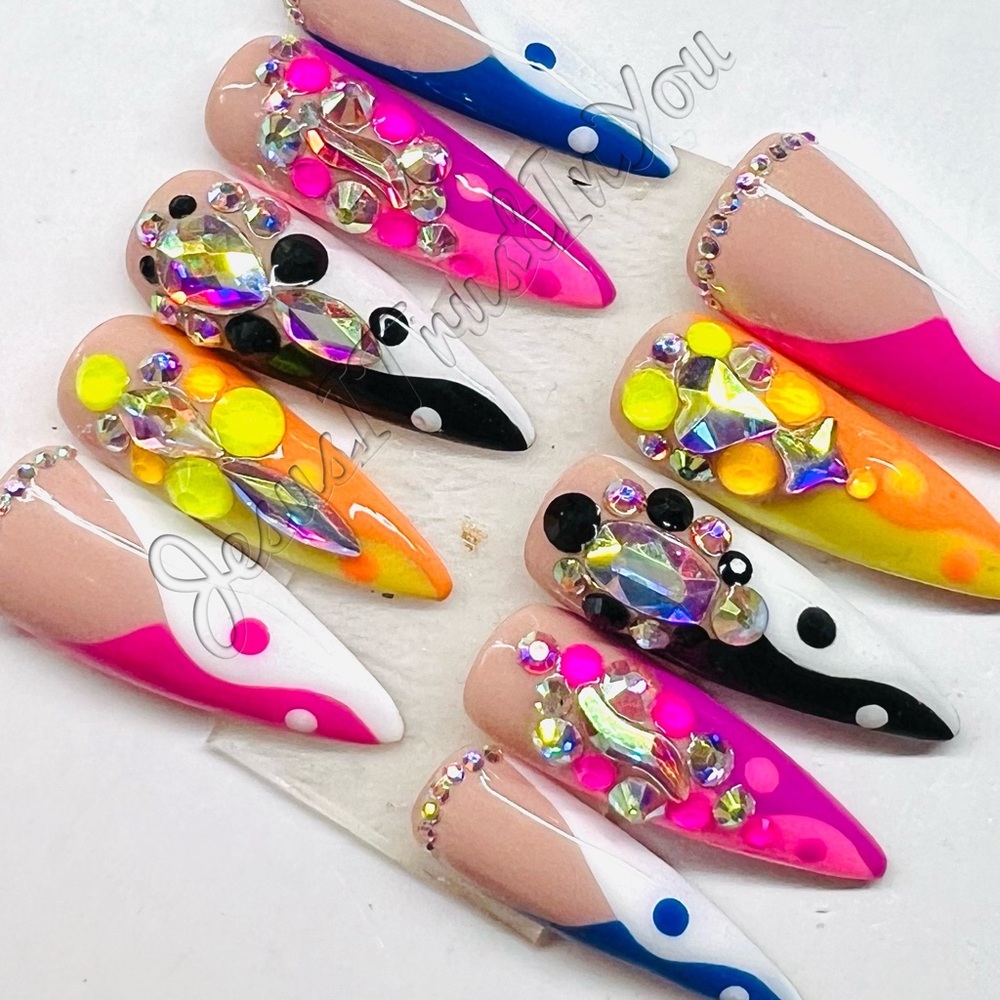 Neon Gem Stiletto Press-On Nails – Multicolor Pink, Yellow & Black